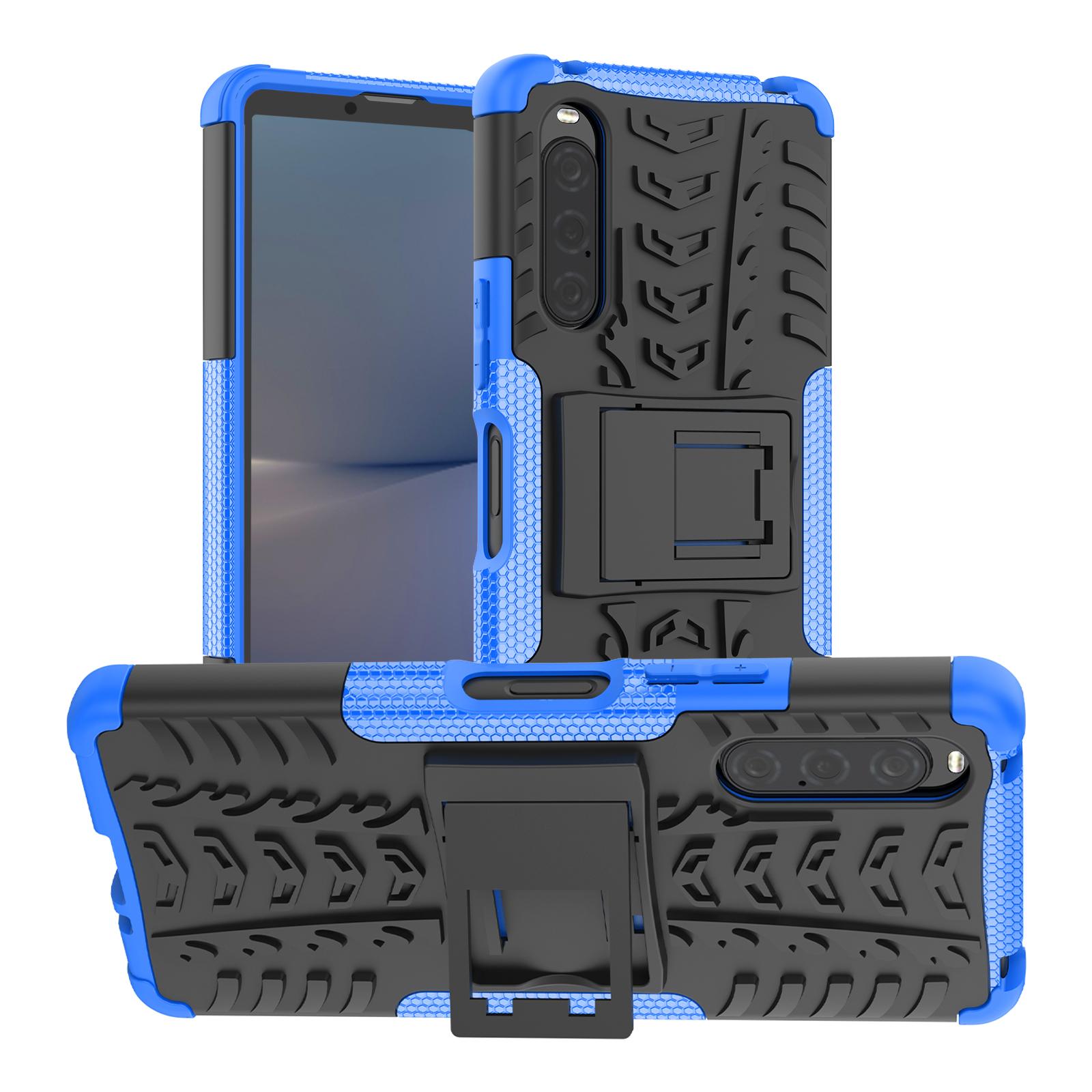 

For Sony Xperia 10 V PC+TPU 2-in-1 Phone Case Tyre Pattern Shock Absorbing Kickstand Cover Blue