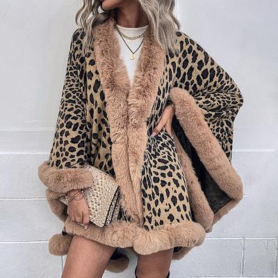 Jeseň a zima kožušinový golier Cape Cardigan Leopardia potlač Šatka Sveter Žena