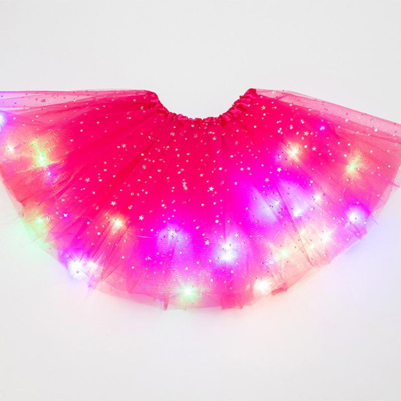 Mädchen-Stern-Paillettenrock mit Neon-LED-Lichtern, mehrlagiger Mesh-Tutu-Rock, elastischer Bund, plissiert