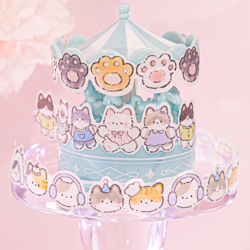 Cute Hand Drawn Cat Glitter Washi Special Shaped Tape For Diy Journal Decoration