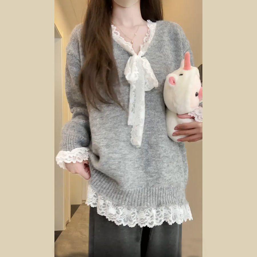 Women's Autumn Patchwork Lace Bow Long Sleeve Sweater - Casual & Sweet Style
