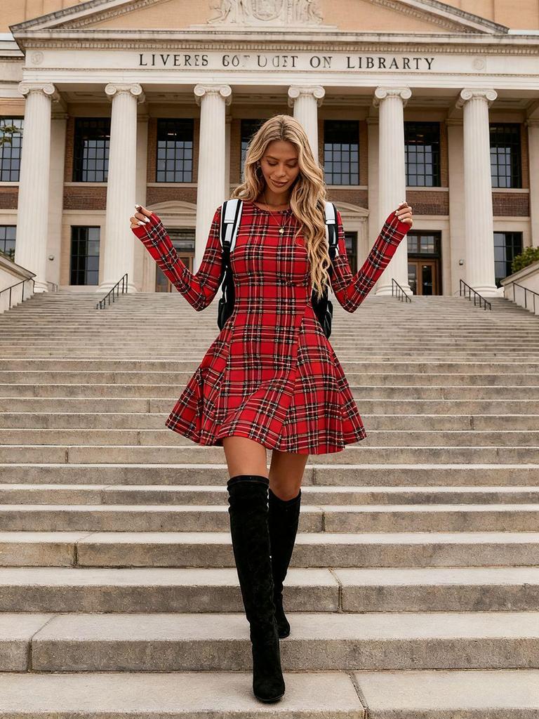 2025 Retro Plaid Long-Sleeve Elegant Dress for Women - European & American Style