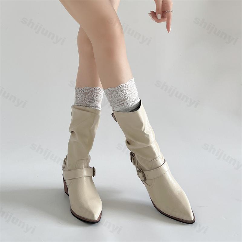 Mode Herbst Damen Schuhe Mid Calf Stiefel Modisches Neues Muster Vintage Spitz Zehen Dicke Absätze Weiches Leder Hoher Absatz Bequeme Botas