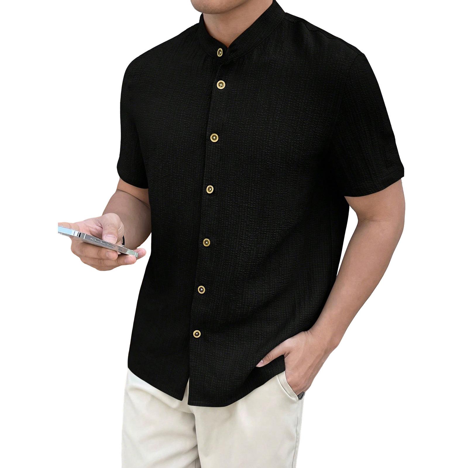 

Men s Stand Up Collar Shirt Short Sleeved Top Men s Casual T-shirt Cardigan Top L чёрный