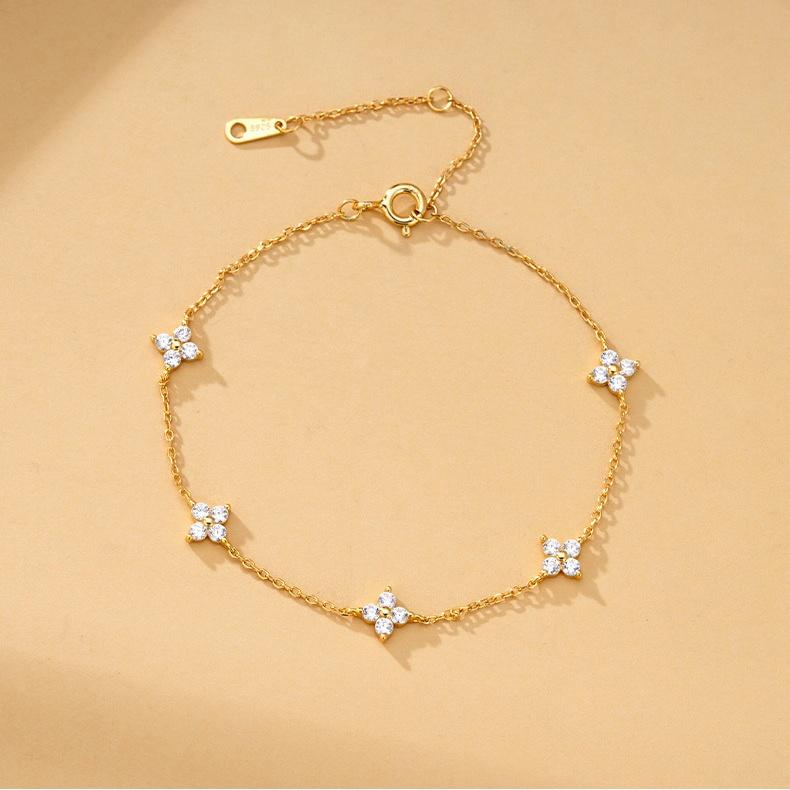 Romantic 18K Gold Plated S925 Silver Zircon Flower Bracelet 925 Sterling Silver Four Petal CZ Station Bracelet