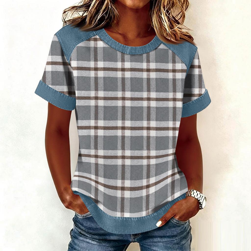 Women Denim Collar Patchwork Stitching Sweatshirt Casual  Printed Pullover Short Sleeve Shirts
