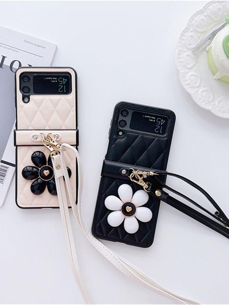 Flower Plaid Crossbody Long Chain Leather Case For Samsung Galaxy Z Flip 4 5 Case For Galaxy Z Flip 3 Cover 5G Flip