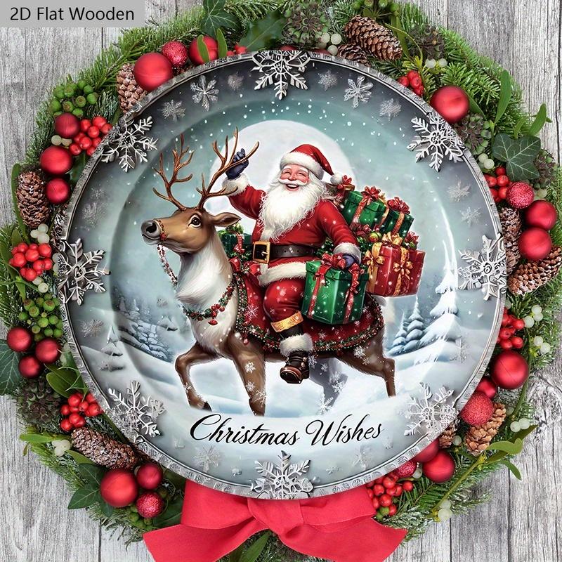 Rustikales Weihnachts-Holzschild mit Weihnachtsmann- und Elchmuster - Navidad Rundes Schild für Haustür, Wandbehang-Dekor - Idealer Weihnachtsschmuck