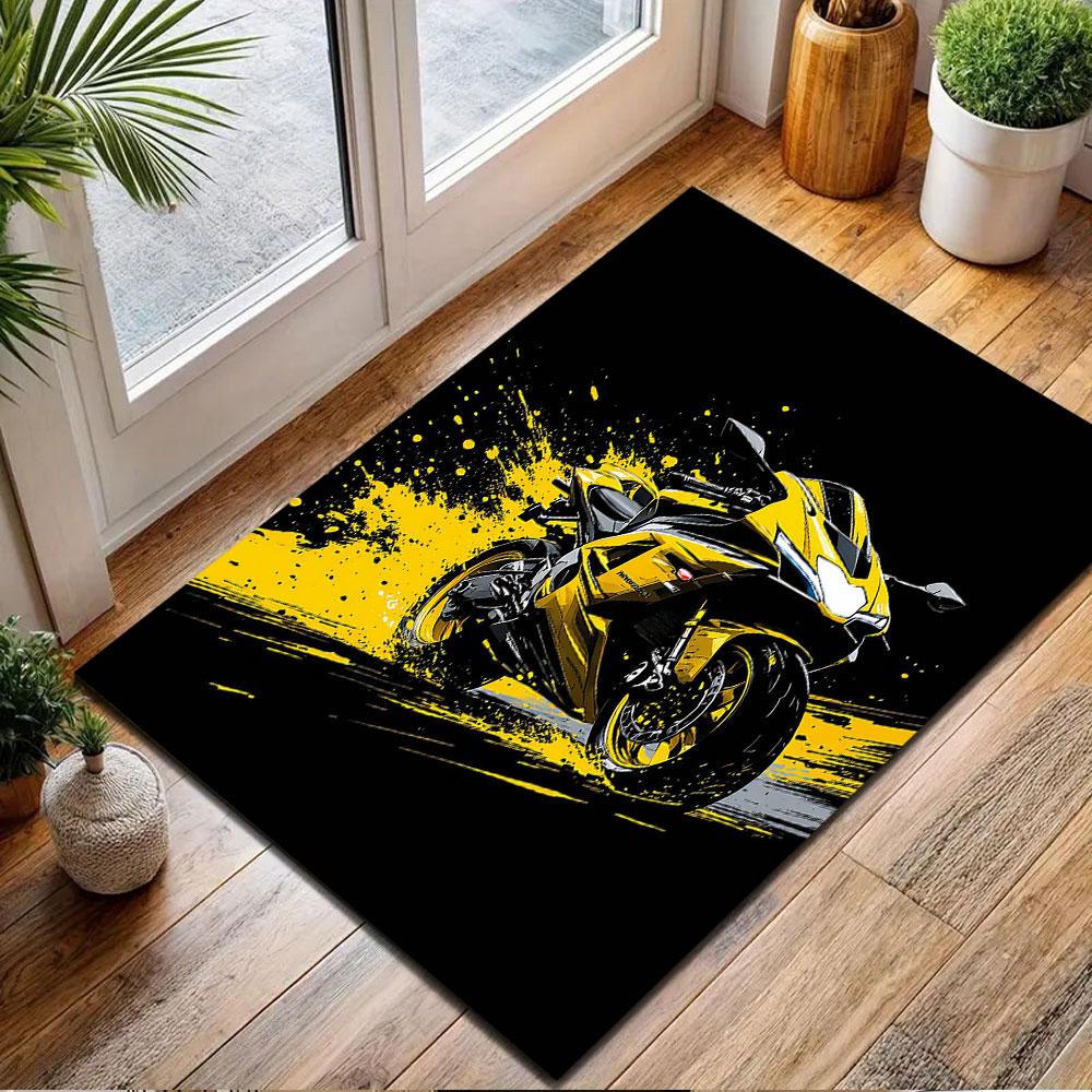 Yellow Sport Bike with Splatter Art Style Patterned carpet, non slip mat suitable for living room and bedroom sofas