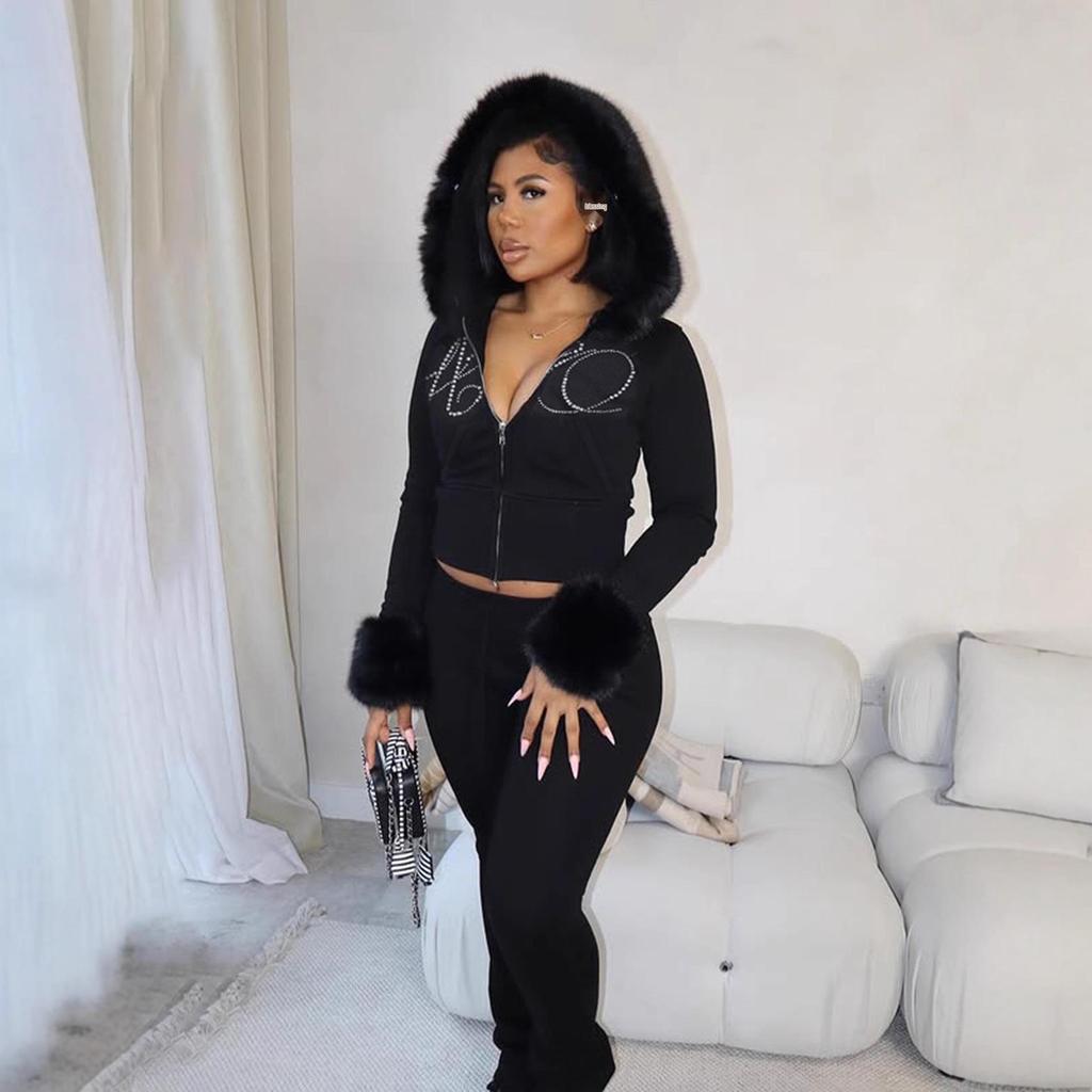 2025 Fall/Winter European Furry Hoodie & Rhinestone Sweatpants Set