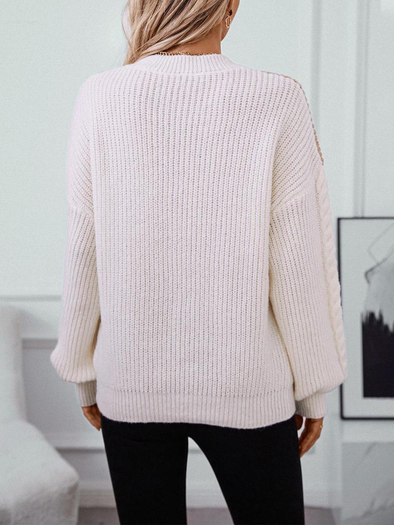 Color Block Cable Knit Crew Neck Pullover Sweater - Women's Autumn/Winter Loose Fit Knitwear