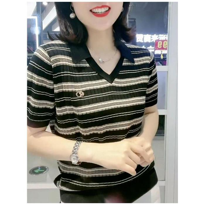 Short-sleeved T-shirt for Women's New Hot Summer Casual Versatile Tops for Mothers Age-reducing Fashionable Striped Polo Shirt
