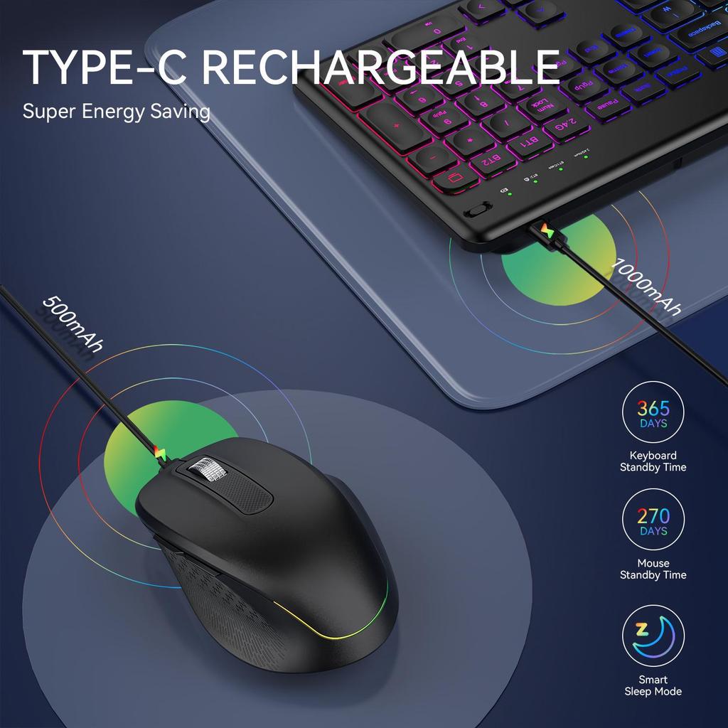 JOMAA RGB-beleuchtetes, leises, kabelloses Tastatur- und Maus-Set, wiederaufladbar für den Bürogebrauch.