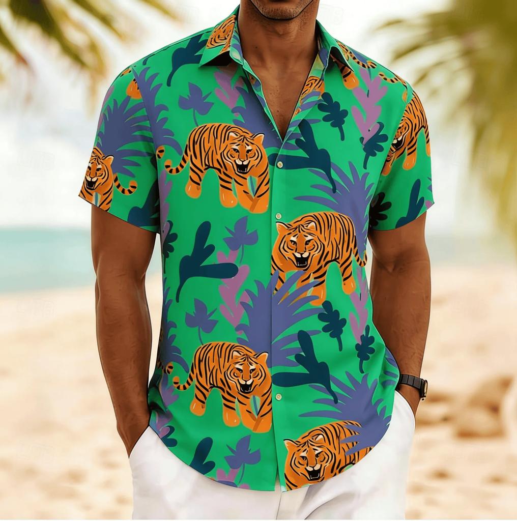 Hawaiian Short-Sleeve Shirt with Tiger & Tropical Print, Great for Beach Wear.