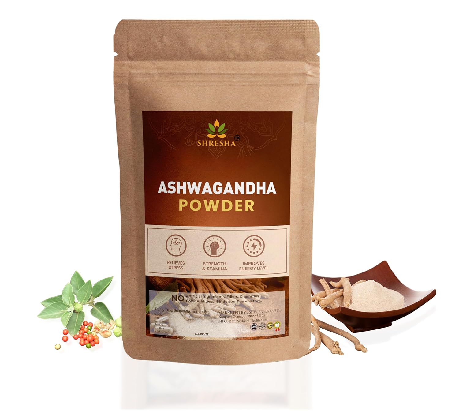

Shresha Ashwagandha Root Powder No Added Preservative, Helps Fight Anxiety | 200gm 0.4lbs