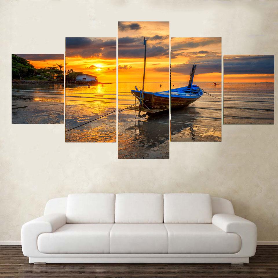 5 Panels Landscape Boat In Sunset Scenery Canvas Painting Nature Beach Posters and Prints Wall Art Picture Home Decor No Frame