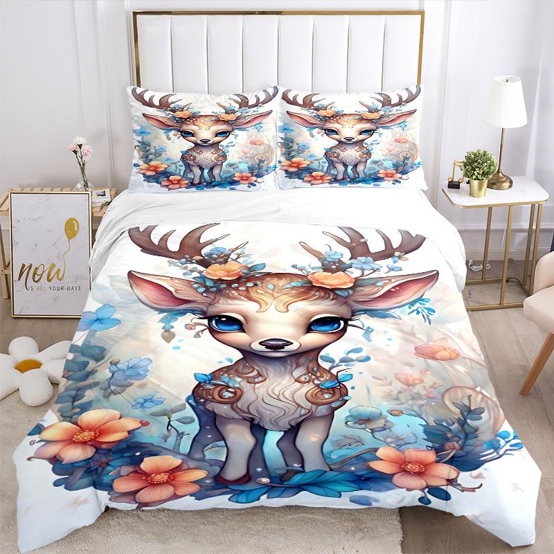 3pcs Pretty Reindeer Art Printed Quilt Set - Includes 1 Quilt Cover and 2 Pillowcases, Machine Washable - Suitable for All Seasons.M088