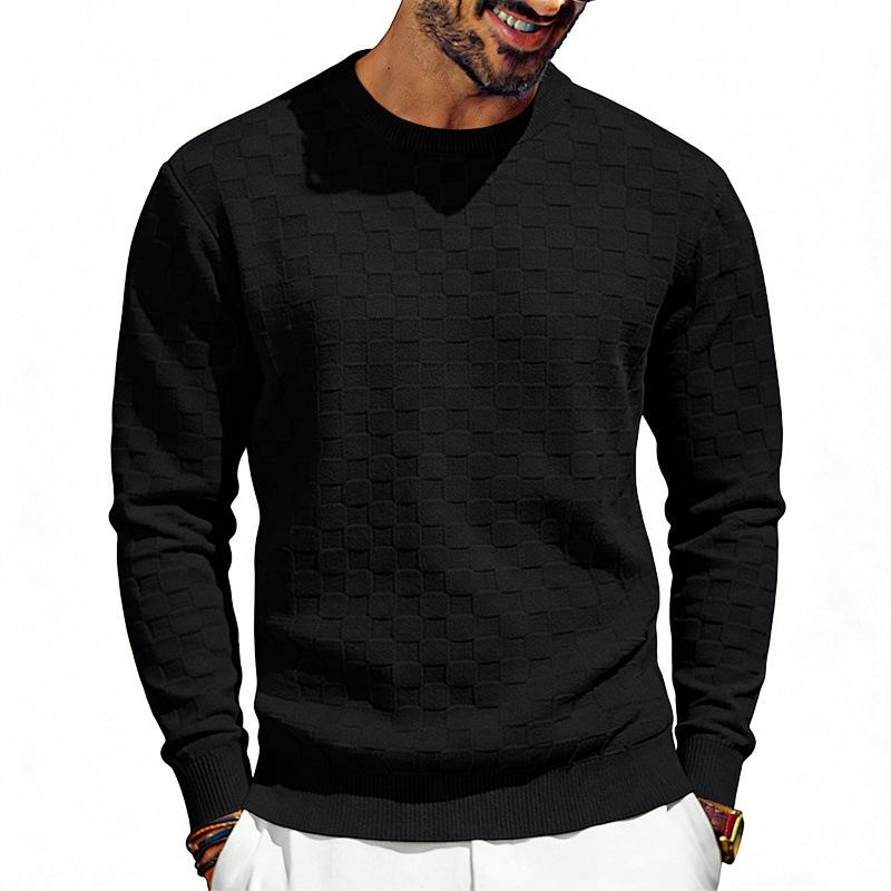 Men's Chessboard Checkered Pattern Crew Neck Ribbed Knit Pullover Sweater