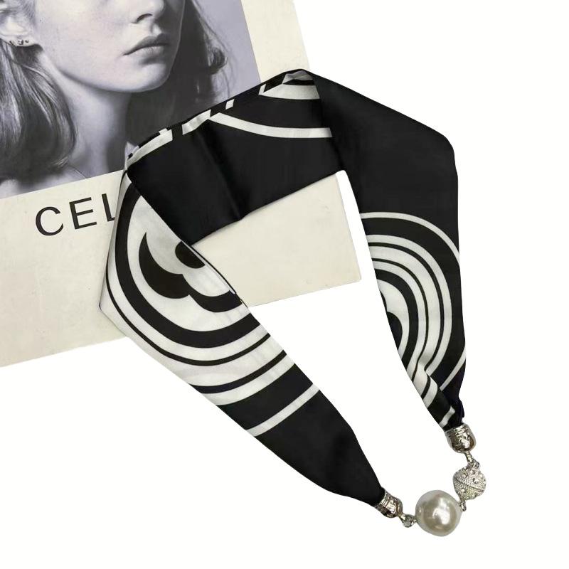 Live Season Magnet Buckle Silk Scarf Women'S Pearl Necklace Long Silk Scarf Headband Decorative Small Scarf
