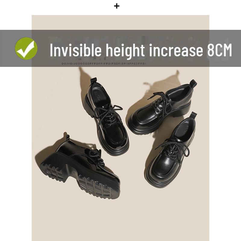 Women's Genuine Leather Thick-Soled Lace-Up Loafers, High-Heeled, British Style, Autumn/Winter 2024.