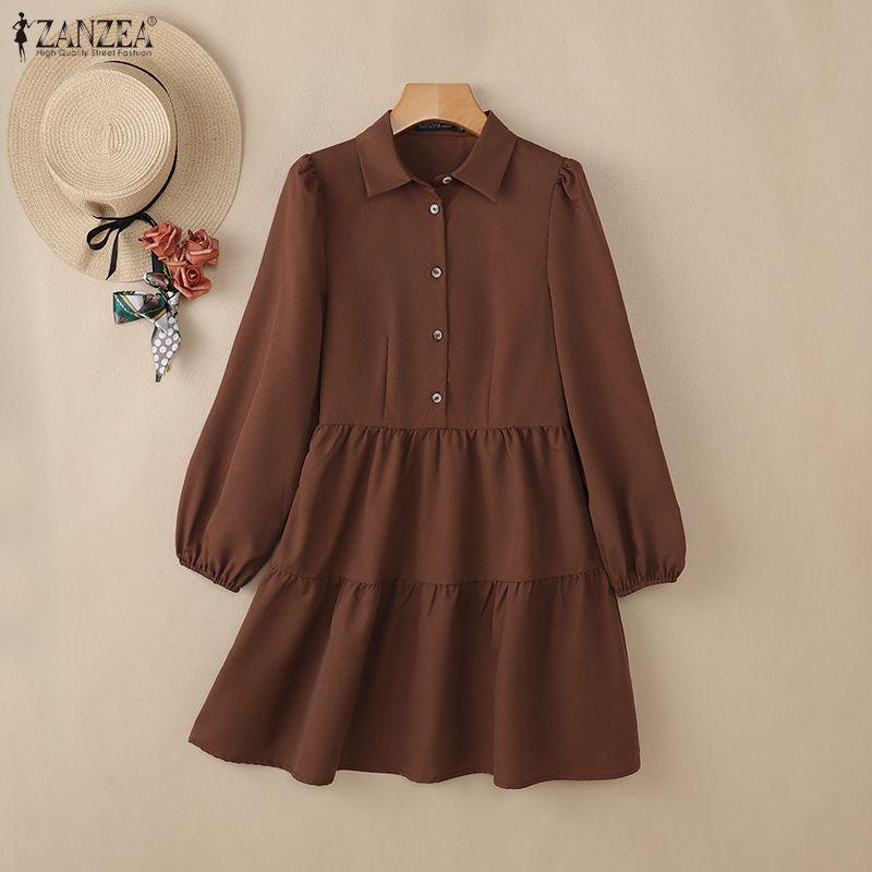 ZANZEA Damen Lässig Umlegekragen Elegant Langarm Kleid