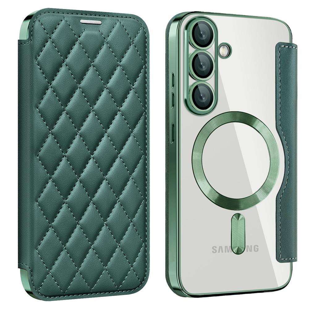 For Samsung Galaxy S25 Case Compatible with MagSafe Rhombus PU Leather Phone Cover