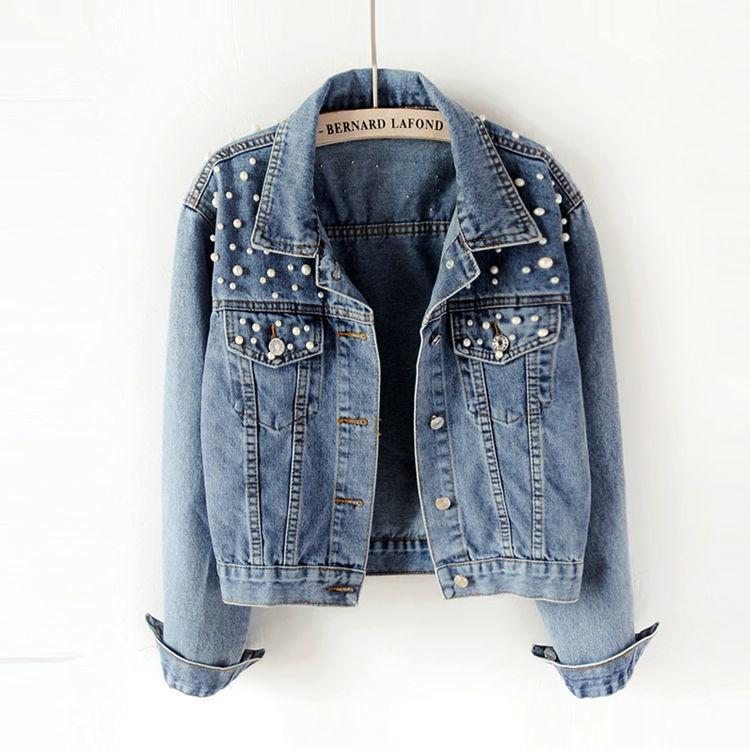 2025 Women's Plus Size Light Blue Denim Jacket with Beaded Rhinestones