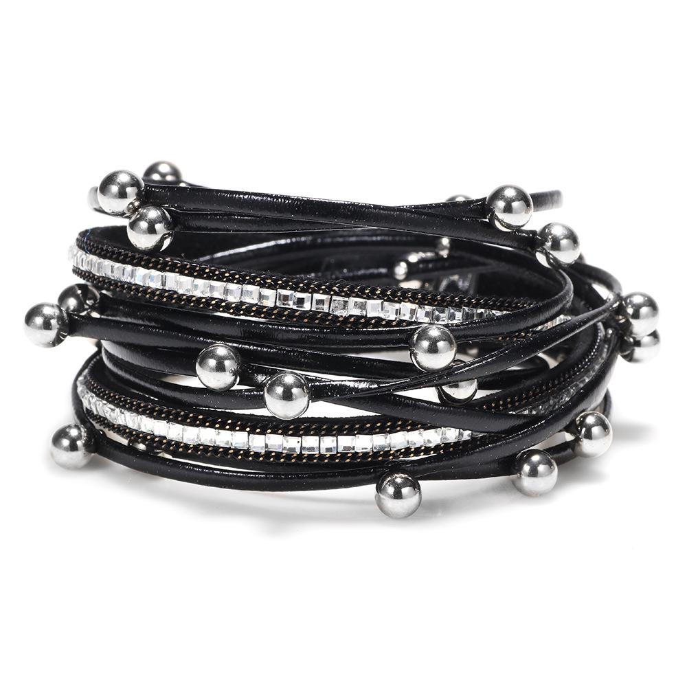 JMXD - Fashion Accessories Leather Bracelet Rhinestone Loop Wrapped Magnetic Buckle Bracelet