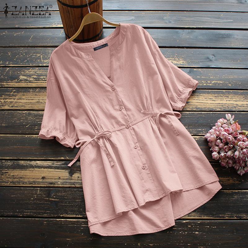 

ZANZEA Лето Повседневный V-образный вырез Короткий рукав Шнур талия Тройники Топы