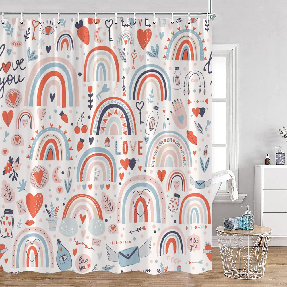 Cartoon Shower Curtains Cute Rainbows Heart Pattern Kids Minimalist Modern Bathtub Decor Polyester Bathroom Curtain With Hooks