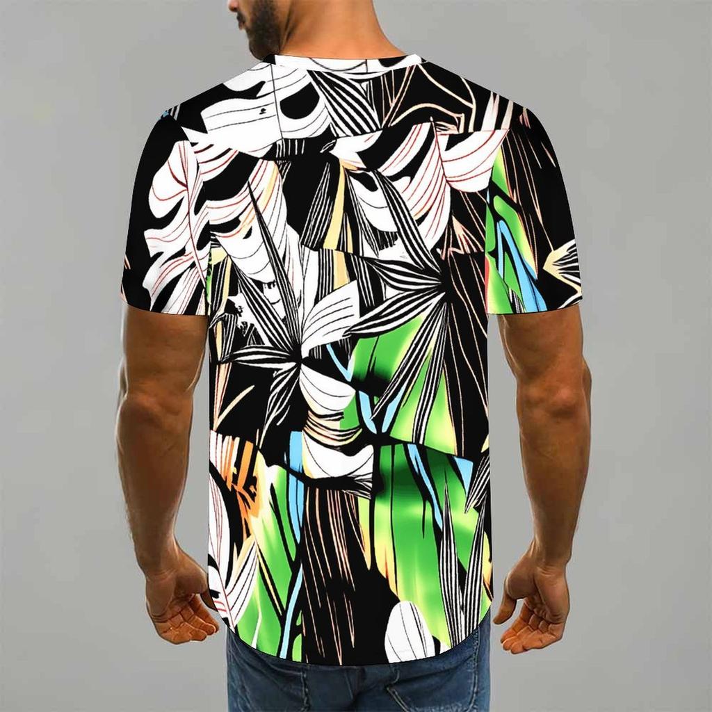 Women Short Sleeve Crew Neck T Shirt White Teal Banana Leaf Pink Orchid Tropical Print Top