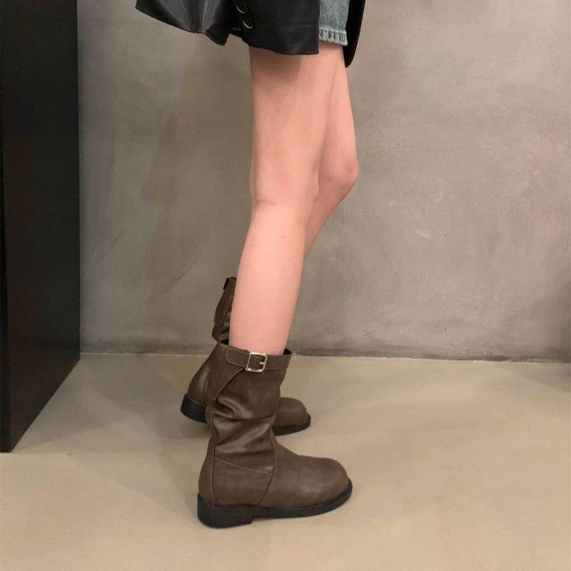 Autumn New Women's Knight Mid-calf Boots Fashion Trend Buckle Thick Bottom Short Boots Non Slip Comfortable Women Leather Shoes