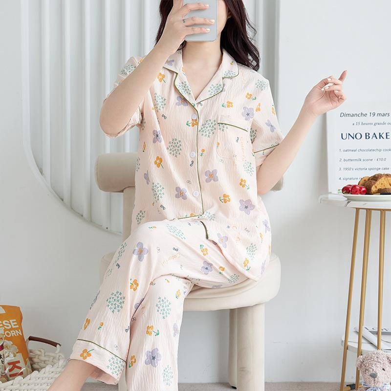 1011 new pajamas women's summer cloud cotton short-sleeved trousers two-piece set Japanese large-size printed loungewear autumn