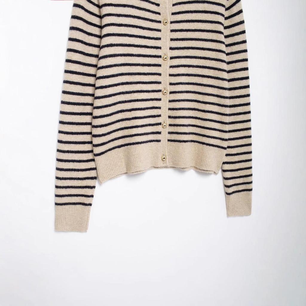 Women's Color Block Striped Knit Cardigan with Round Neck and Long Sleeves