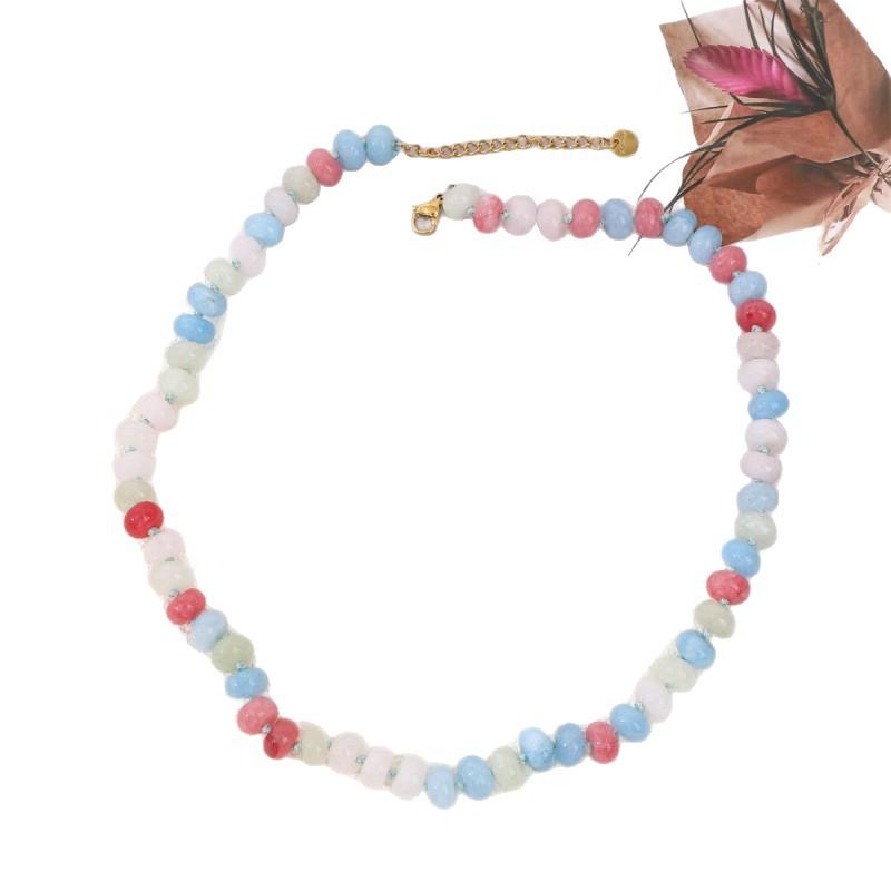 New Chinese Agate Necklace Colored Dopamine Natural Stone Beaded Collarbone Chain Light Luxury Niche Temperament Neck Chain