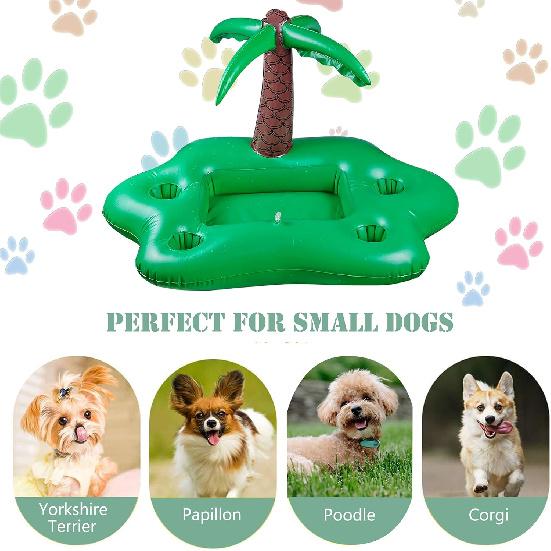 Dog Pool Floats Set, Dog Float Raft with Collapsible Dog Bowl, Non-Toxic Floating Dog Water Toys for Small Dog, Puppy and Doggies, Coconut Tree