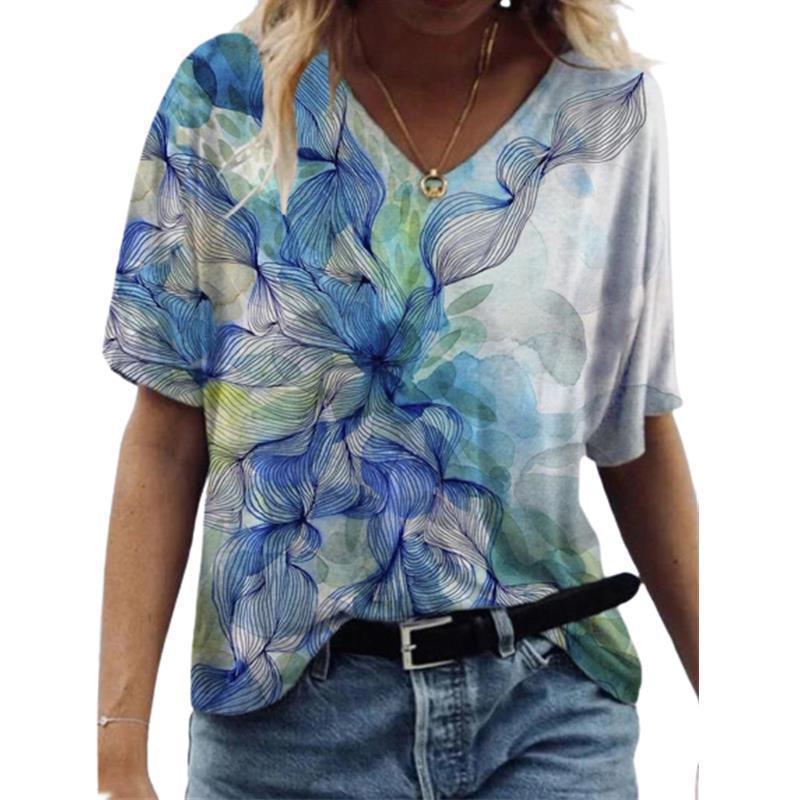 Women's T-shirt 3D Pattern Printed Casual Short Sleeved V-Neck Top Fashionable Street Women's Clothing