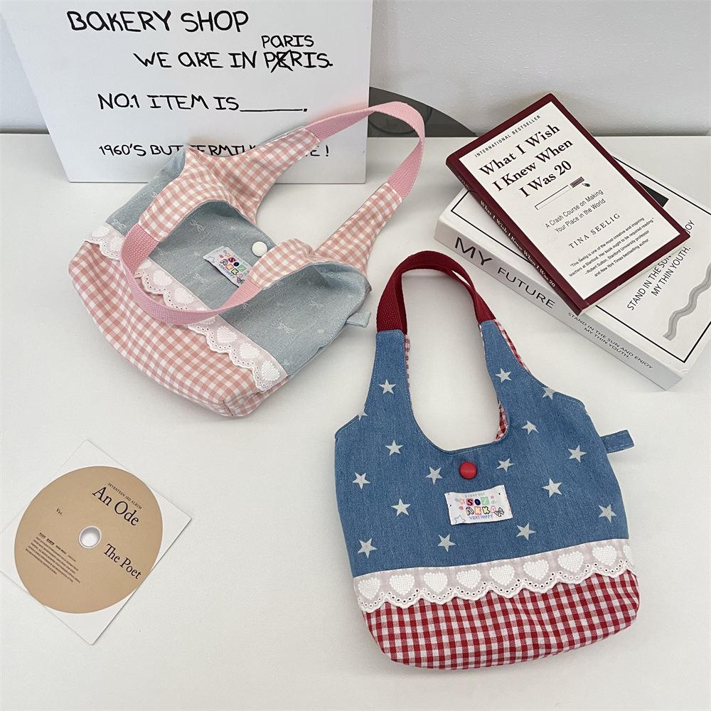 1 Sweet Lace Handbag Splicing Contrasting Color Handbag Going Out Portable Women's Bag