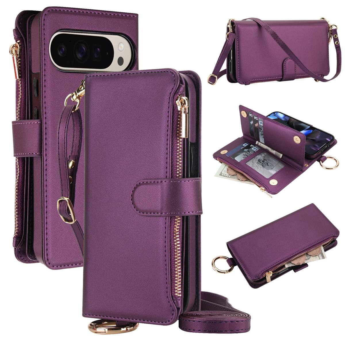 

Crossbody Leather Flip Zipper Wallet Card Slots Phone Case for Google Pixel 10 9 Pro XL 9Pro Lanyard Ring Wristband Holder Cover Google Pixel 9 Pro темно-фіолетовий колір