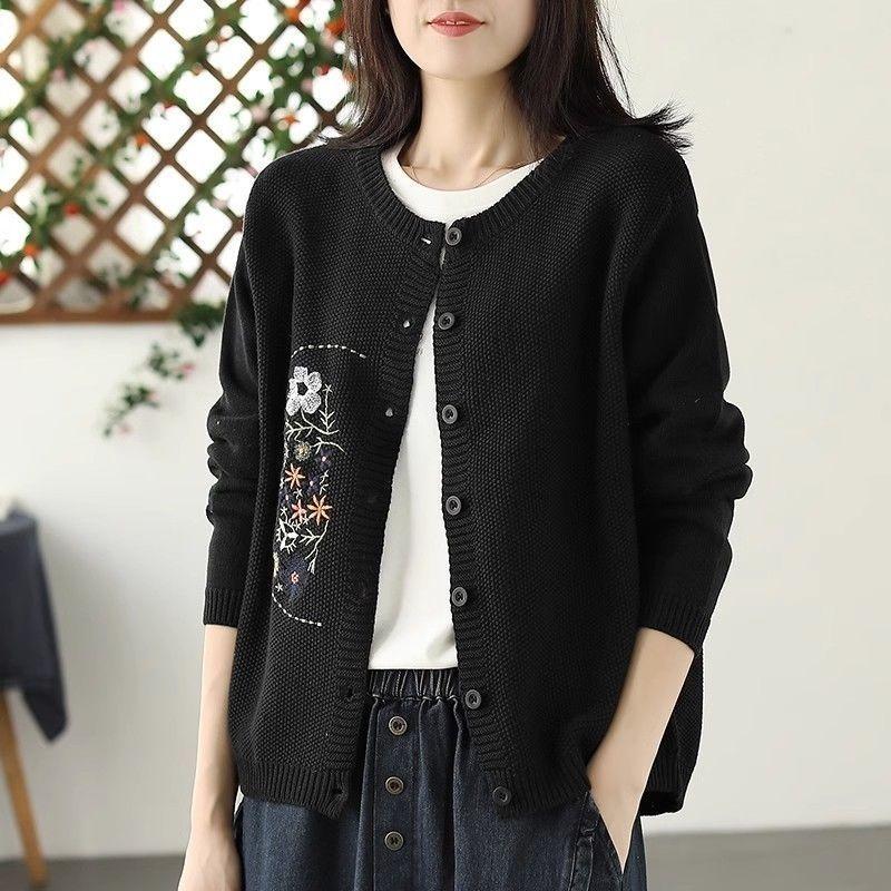 Women's Literary Retro Embroidered Crew Neck Single-Breasted Sweater Knit Cardigan Loose Versatile Autumn & Winter Long-Sleeve Top Outerwear