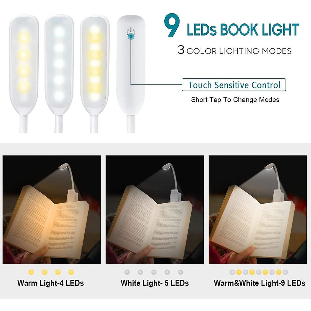 Led Reading Light, Rechargeable Reading Light Lamp In 3 Brightness Modes (cool White/warm Yellow), Gradual Dimming Reading Light For Book Black