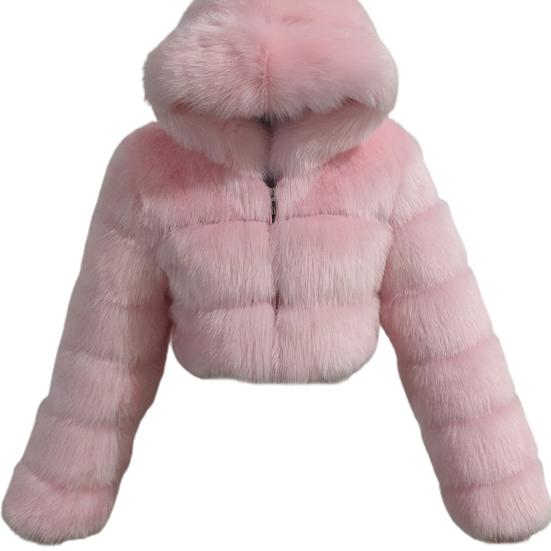 Casaco de pele sintética com capuz e zíper feminino cor sólida quente patchwork manga comprida casaco