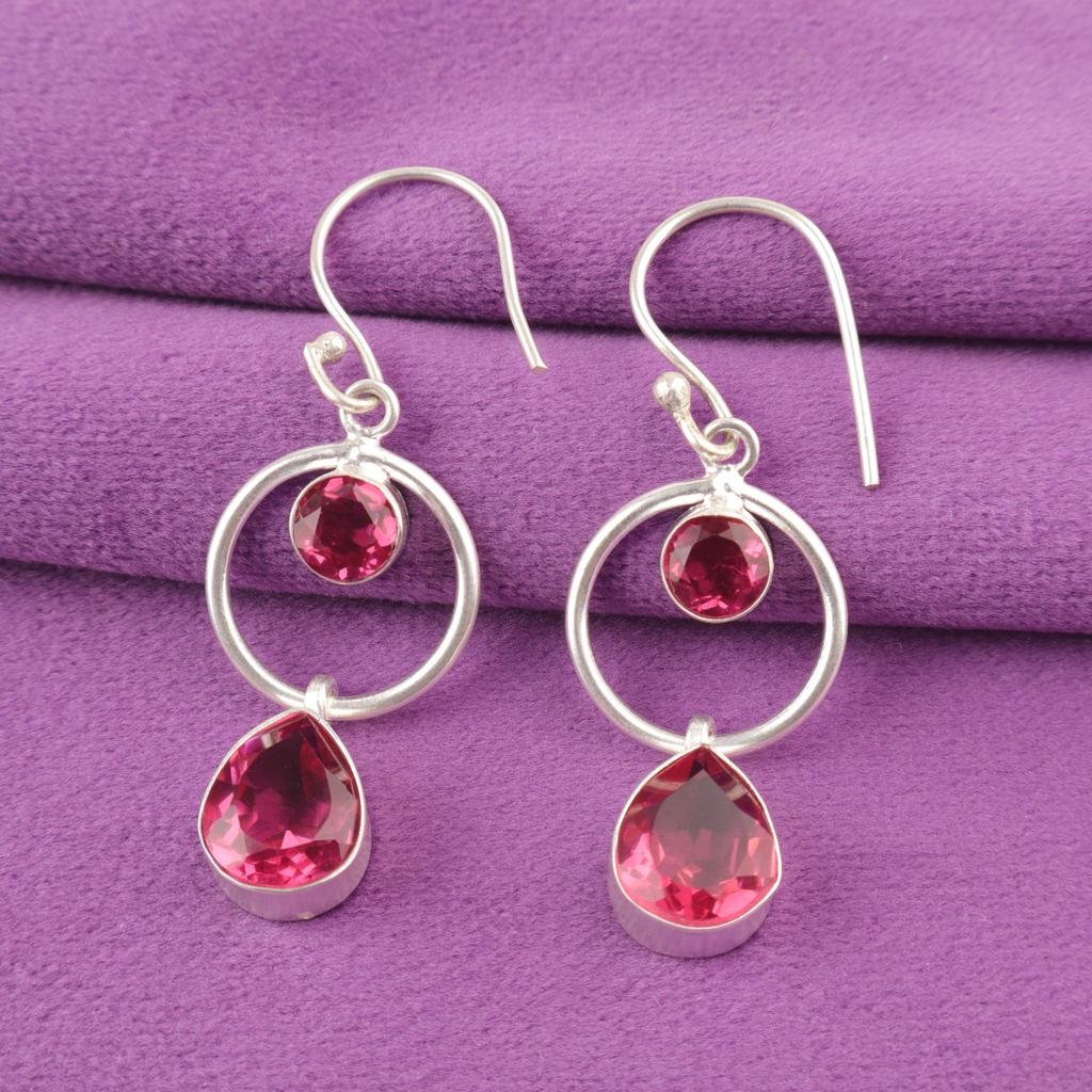 Pear Pink Tourmaline Stone 925 Sterling Silver Hook Wedding Dangle Drop Earrings EE-140-12
