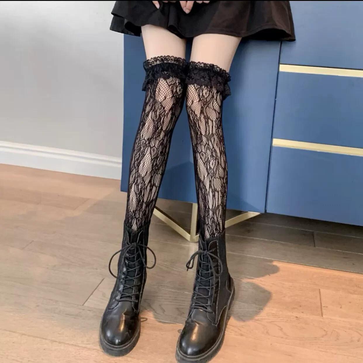 

Spring Autumn Thin Lace Hollow White Thigh High Lolita Socks For Women Jk Cute Black Long Stockings One Size
