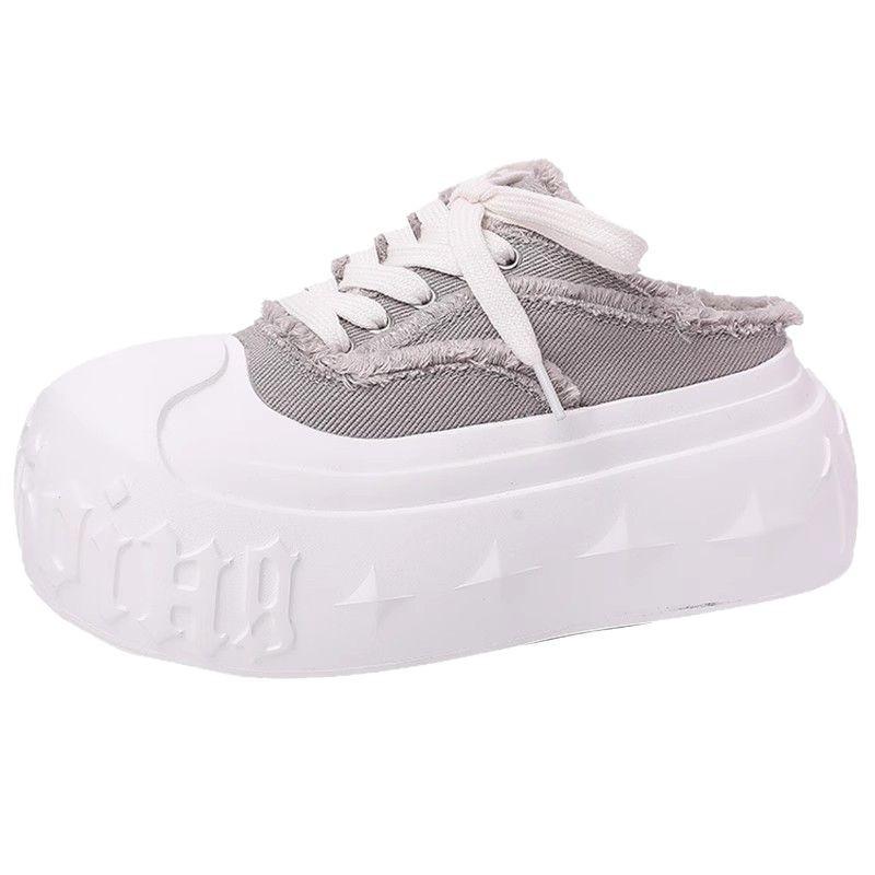 Spring and Summer New Lace-up Platform Shoes Heighten Korean Belt Versatile Fashion Casual Canvas Bag Head Half Slippers Women's Tide