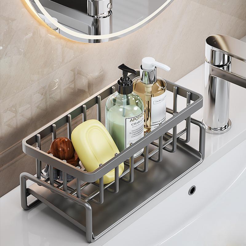 Stainless Steel Self Draining Sink Shelf Kitchen Organizer with Rod for Sponge Storage and Faucet Holder