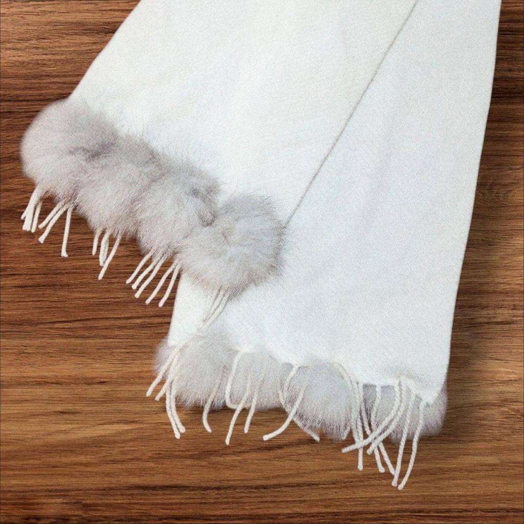Used [Natural Basic] 100% High Quality Cashmere Muffler Fox Fur Made in Japan Plain
