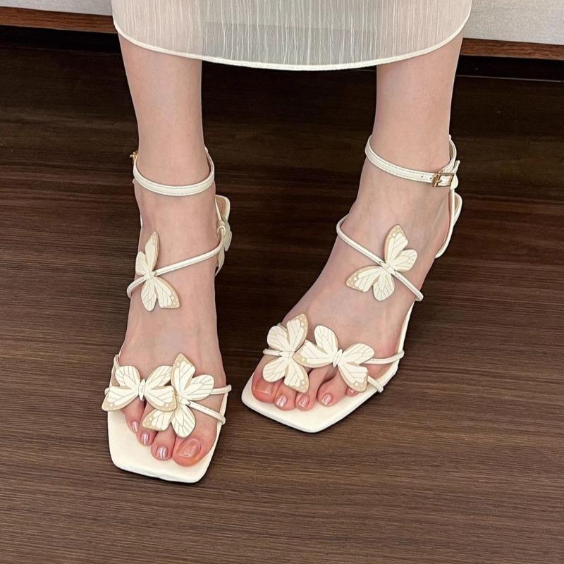 Fashion Womens French Butterfly Open-toed High Heel Sandals Womens Fashion Versatile Outdoor Leisure Medium Heel Sandals Sandalias Mujer