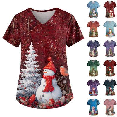 Ladies' Fashionable V-neck Pocket Short Sleeved Christmas Tree Printed Caregiver Uniform