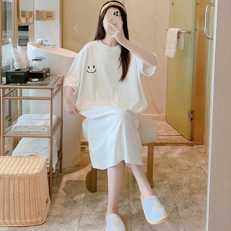 Women's Short-sleeved T-shirt Slit Dress Summer Mid-length Over The Knee Casual Dress Large Size Meat Mask Smiling Face Dress